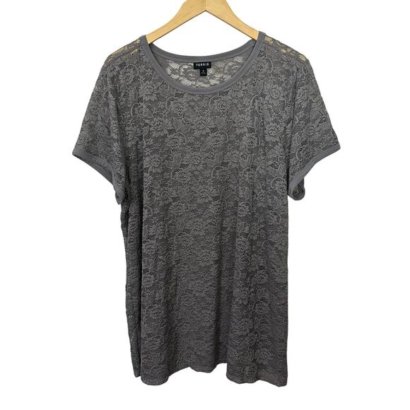 Torrid Gray Floral Lace Short Sleeve Top Boho Festival Fairy Size 3X Stretch - Picture 1 of 8
